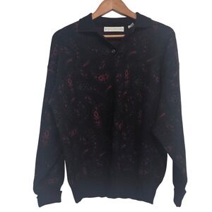 Henry Grethel Mens Vintage 100% Wool Paisley Polo Sweater Black Red Size S / M